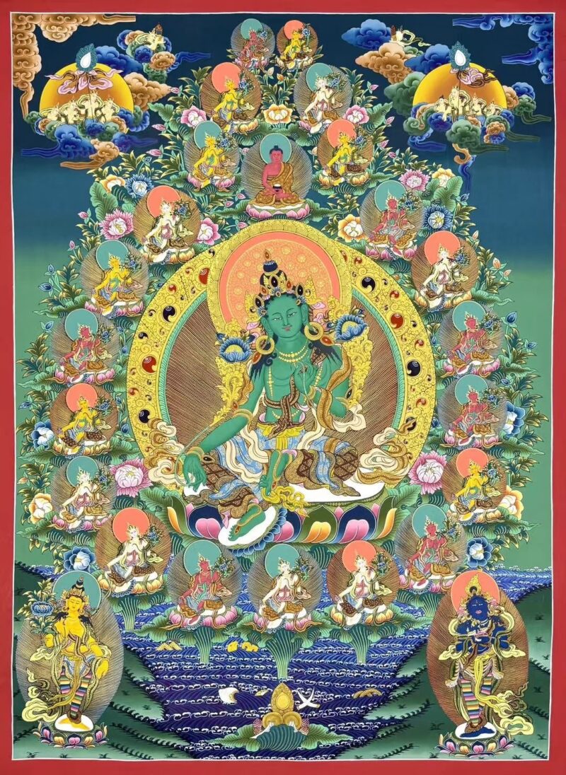 ✨ Thangka of 21 Taras – Hand-Painted Tibetan Buddhist Goddess of Protection
