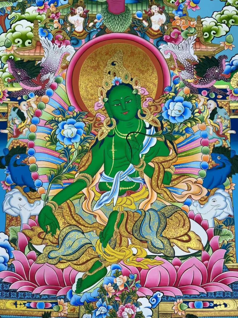 Green Tara Thangka – 79×56cm Hand-painted Tibetan Artwork with Natural Mineral Pigments (By Pamela Lama, Unframed)